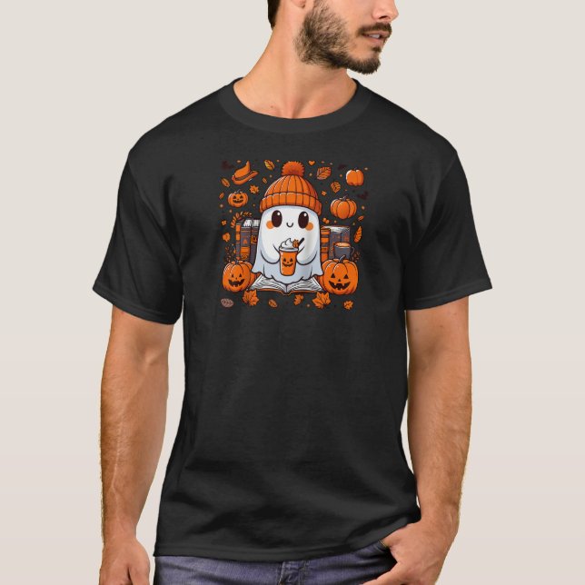 Camiseta Ghost Lading Book Fall Autumn Coffee Halloween (Frente)