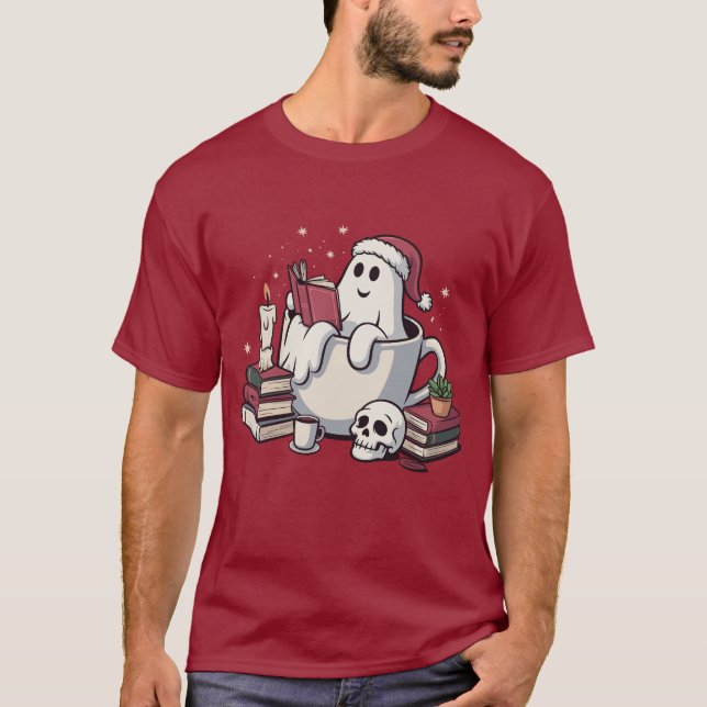 Camiseta Ghost Lendo Livros de Natal Caderno de Professores (Frente)