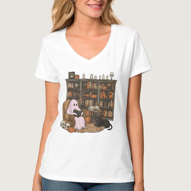 Camiseta Ghost Reading Book Cat lover Halloween (Frente)