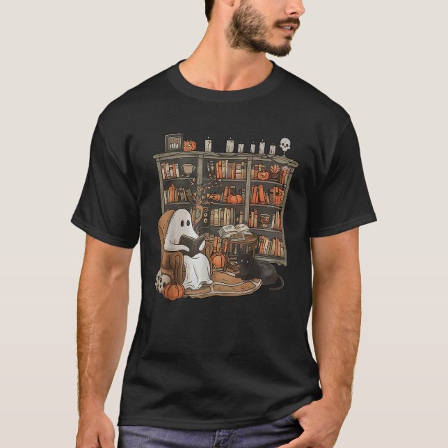 Camiseta Ghost Reading Book Retro Library Halloween Spooky (Frente)