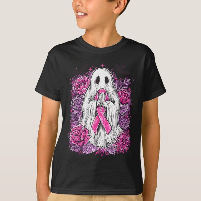 Camiseta Ghost Ribbon Breve Cancer Sensibilização Halloween (Frente)
