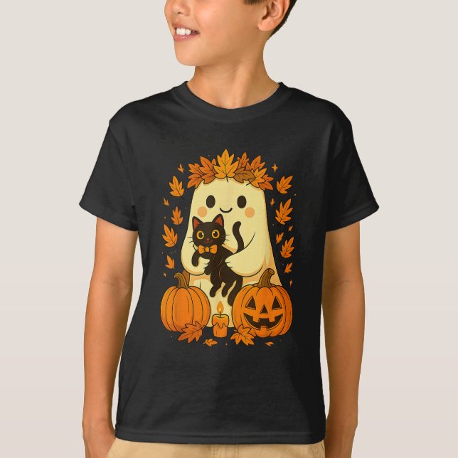 Camiseta Ghost Segurando Black Cat Halloween Pumpkins outon (Frente)