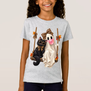 Camiseta Ghost Swing Gato Preto Leopardo Laço Halloween