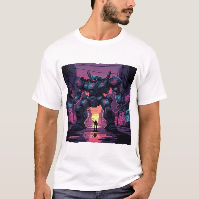 Camiseta Giant Mech Robot vs Human | Cyberpunk City Sunset  (Frente)