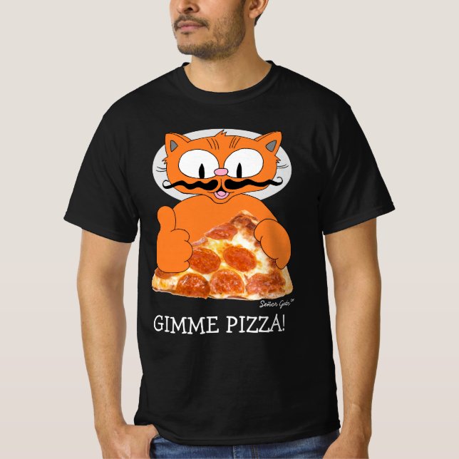 Camiseta GIMME PIZZA! Señor Gato com Pepperoni Pizza Slice (Frente)