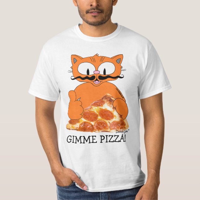 Camiseta GIMME PIZZA! Señor Gato com Pepperoni Pizza Slice (Frente)