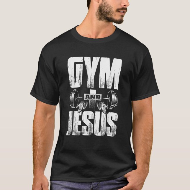 Camiseta Ginásio Religioso Jesus Barbell Levantando Peso (Frente)