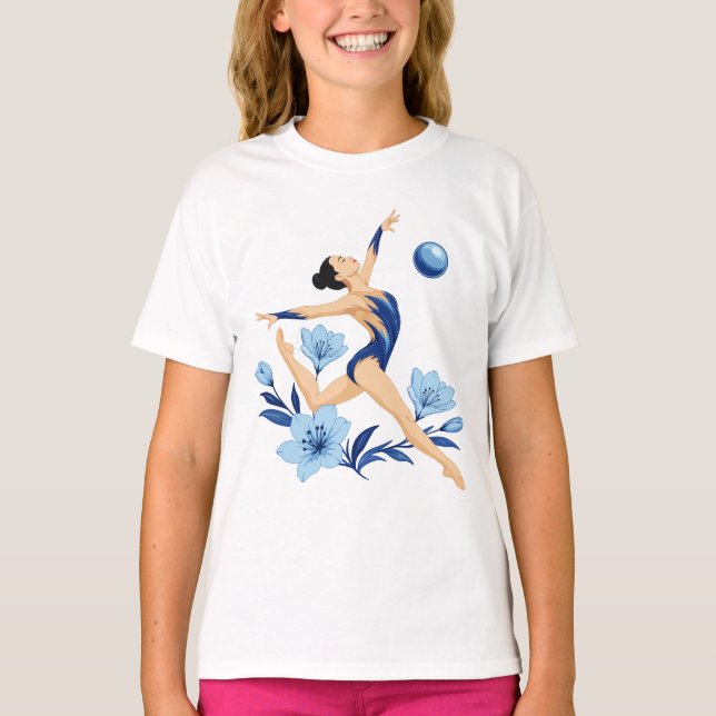 Camiseta Ginasta azul com flores  (Frente)