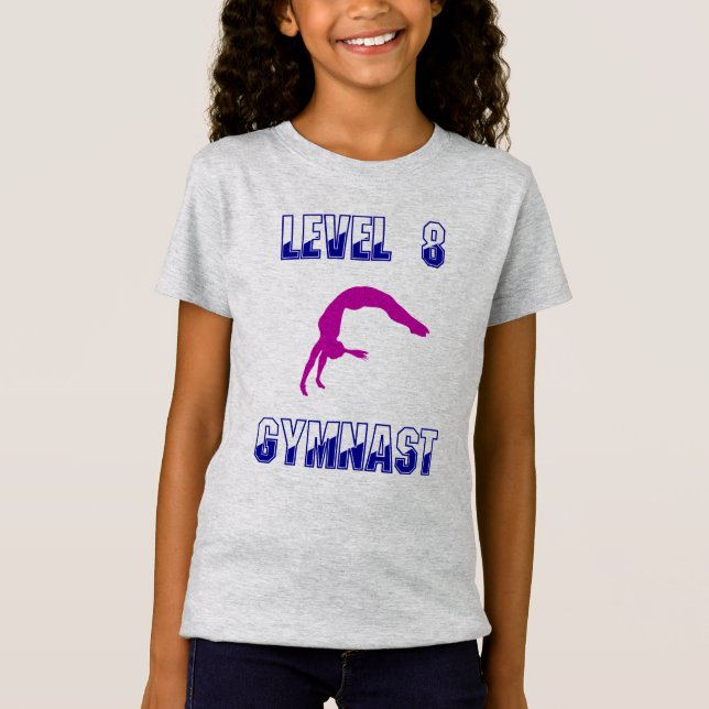 Camiseta ginástica Azul de ginástica e Magenta de Nível 8 (Frente)