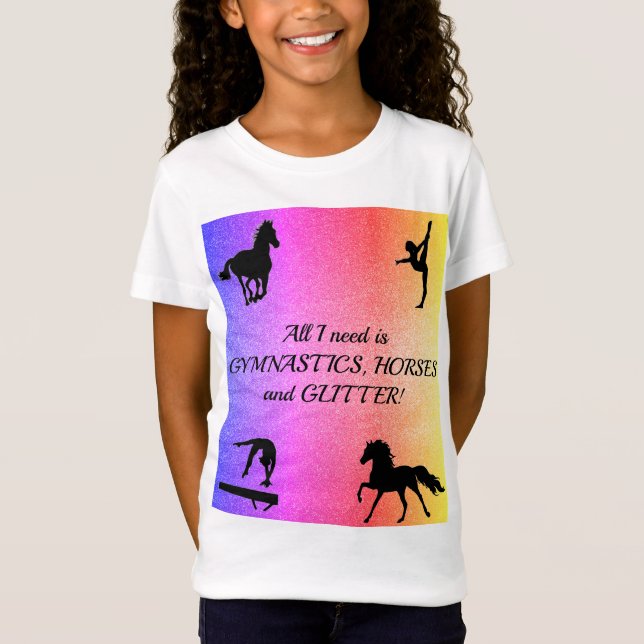 Camiseta Ginástica De Meninas, Cavalos, Camiseta-T (Frente)