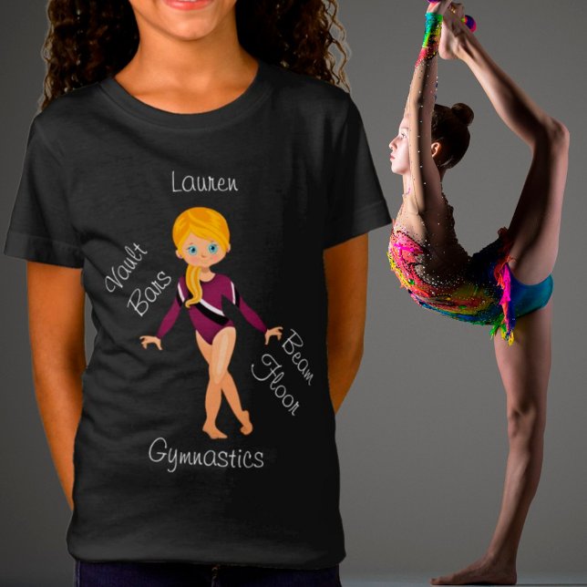 Camiseta Ginástica Loira, Olhos Azuis, Borgonha Leotard (Criador carregado)