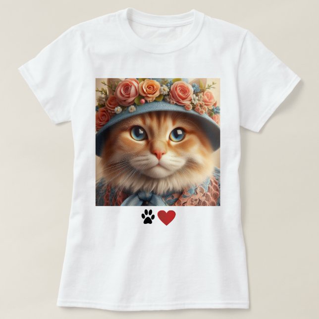 Camiseta Ginger Cat em Blue Hat com Flores Cat Lover (Frente do Design)