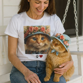 Camiseta Ginger Cat em Blue Hat com Flores Cat Lover