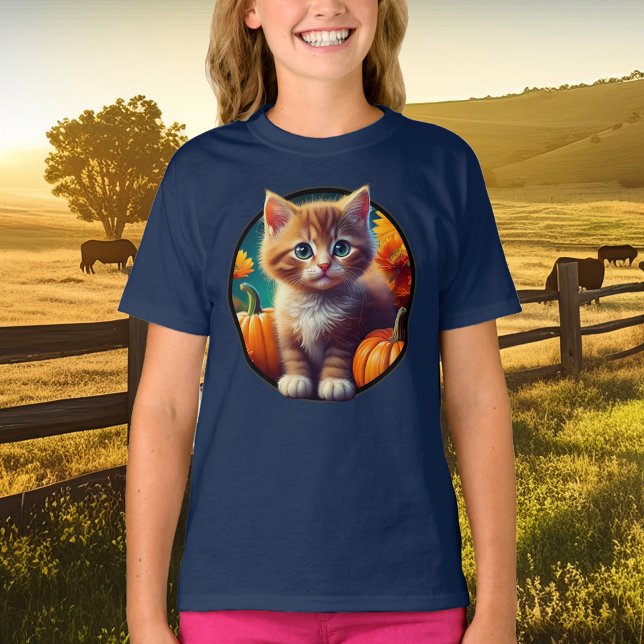Camiseta Ginger Kitten Autumn Harvest Pumpkins Girls' (thanksgiving ginger kitten cat harvest fall autumn sunflower pumpkin orange tabby cat girls t-shirt)