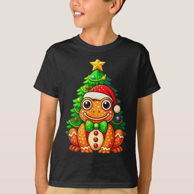 Camiseta Gingerbread Frog Wearing Santa Hat Christmas Tree  (Frente)