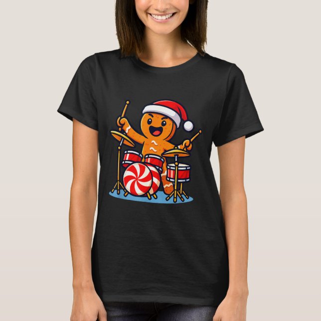 Camiseta Gingerbread Man Playing Drums  (Frente)