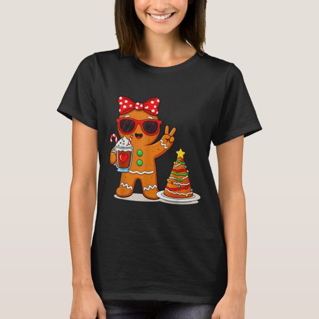Camiseta Gingerbread Women Drinking Coffee Christmas Tree C (Frente)