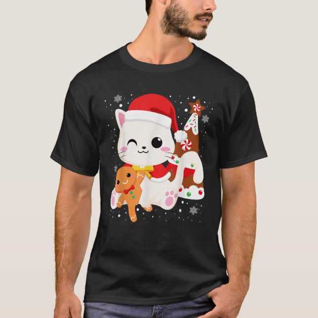 Camiseta Gingerpão de Gata Branco de Natal bonito Gatinhos  (Frente)