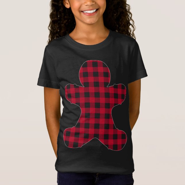 Camiseta Gingerpão de Xadrez Vermelho Xmas que corresponde  (Frente)