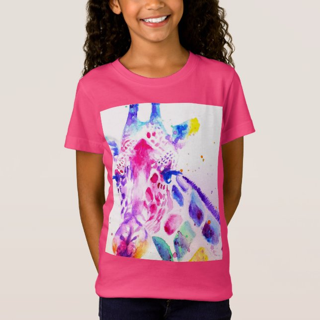 Camiseta Girafa Aquarela Raparigas Roxos Presentes Rosa Que (Frente)