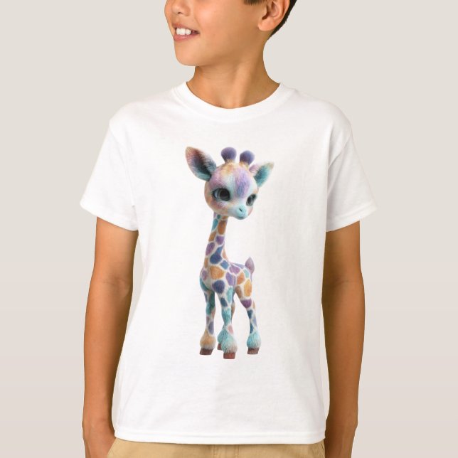 Camiseta Girafa Bebê Adorável com Manchas de Arco-Íris Past (Frente)