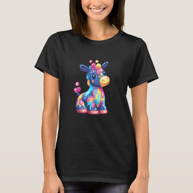Camiseta Girafa Bebê Kawaii com Salpico de Tinta Arco-íris  (Frente)