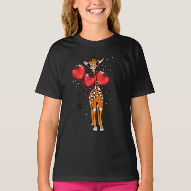 Camiseta Girafa bonita | balões de coração (Frente)