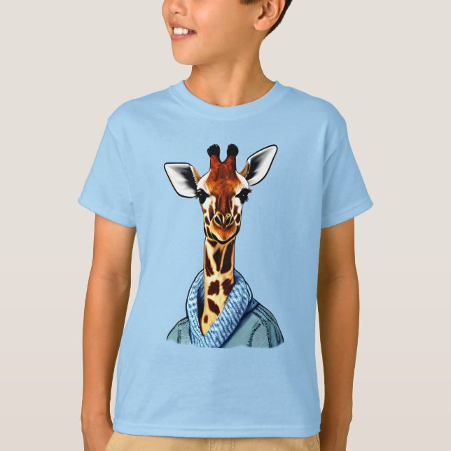 Camiseta Girafa bonita Vestindo um chá de Jaqueta Denim (Frente)