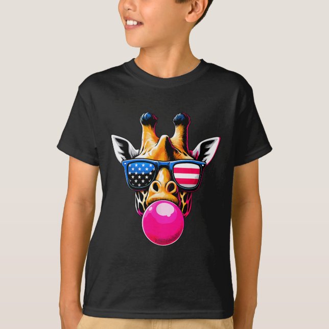Camiseta Girafa Com Gles Dos Eua E Bubblegum 4 De Julho (Frente)
