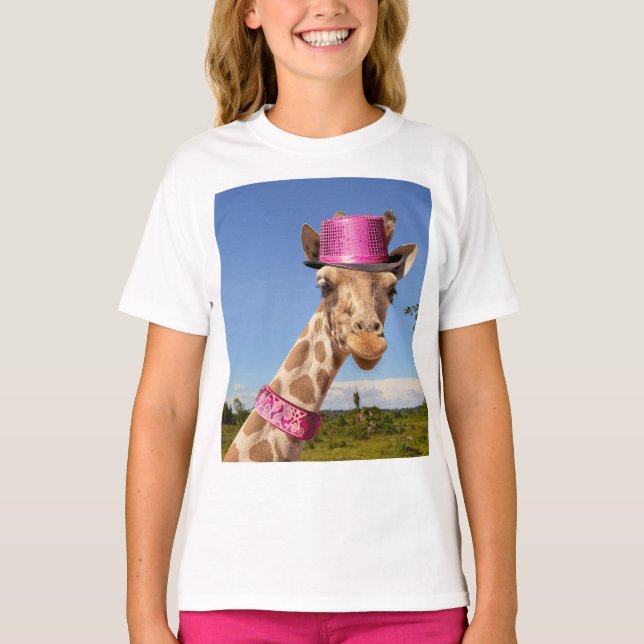Camiseta Girafa com um chapéu cor-de-rosa brilhante (Frente)
