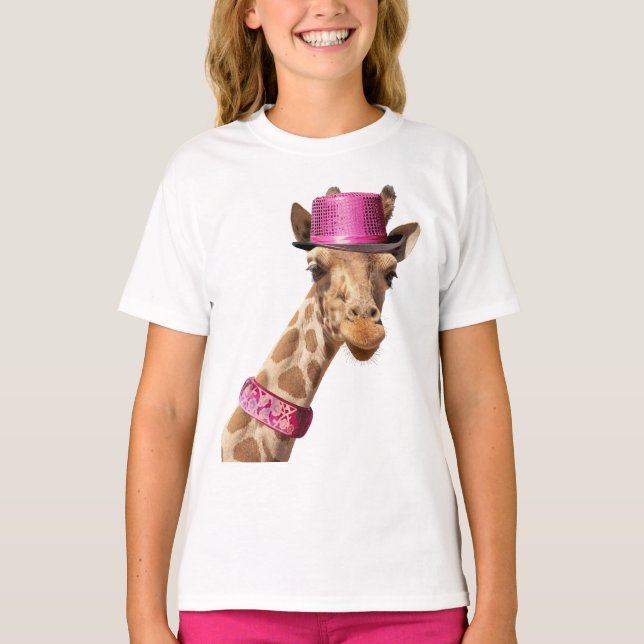 Camiseta Girafa com um chapéu cor-de-rosa brilhante (Frente)