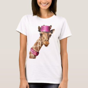 Camiseta Girafa com um chapéu rosa brilhante