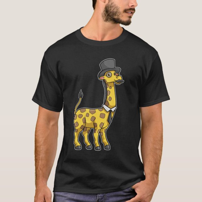 Camiseta Girafa como cavalheiro com chapéu, gravata e bigod (Frente)