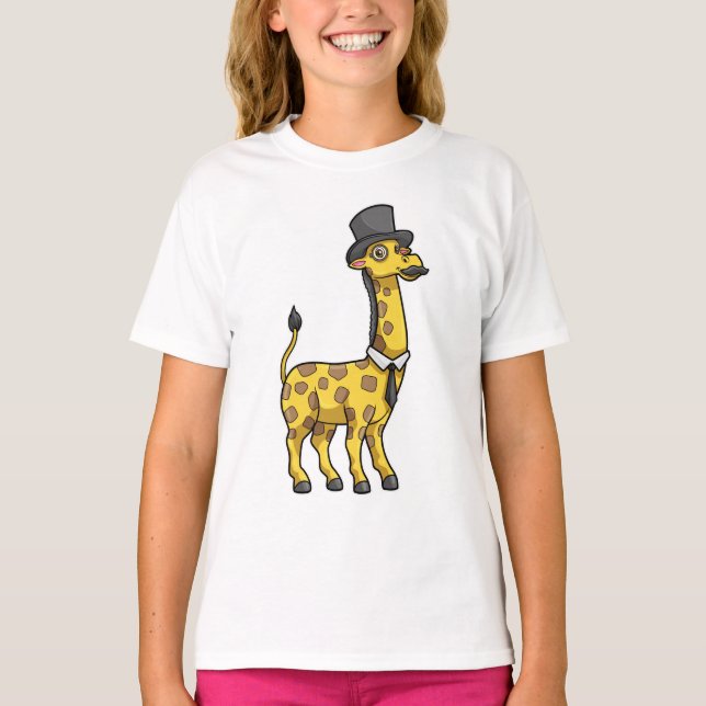 Camiseta Girafa como cavalheiro com chapéu, gravata e bigod (Frente)
