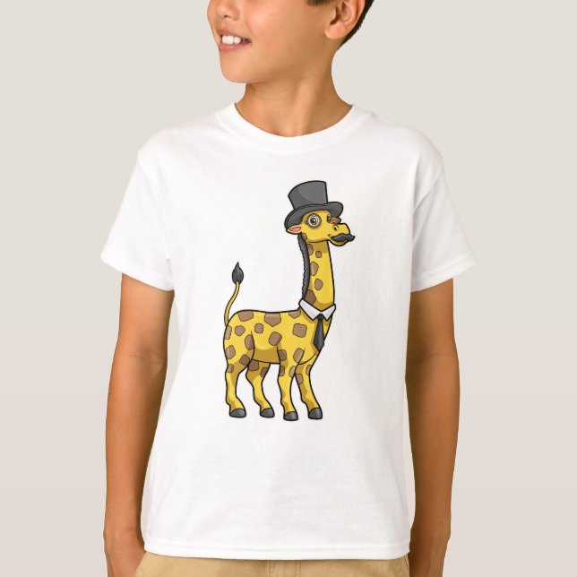 Camiseta Girafa como cavalheiro com chapéu, gravata e bigod (Frente)