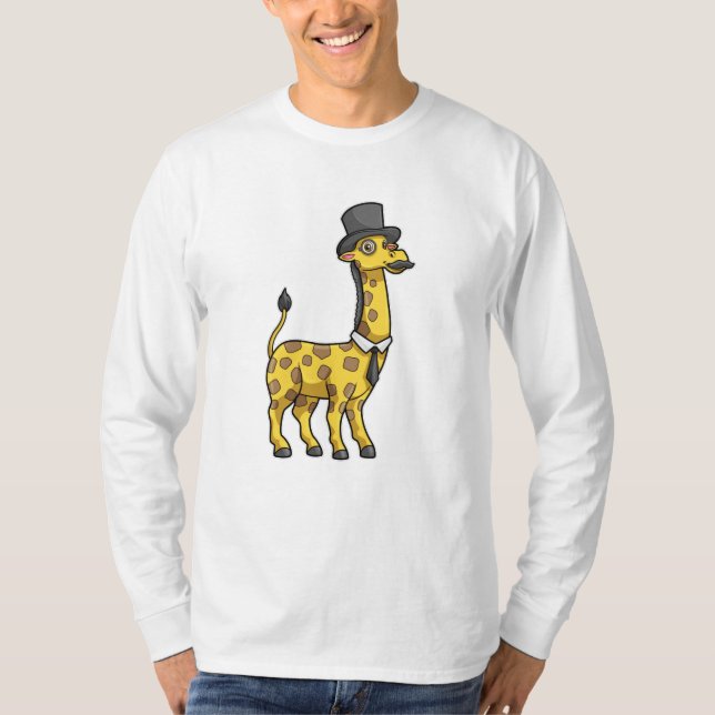 Camiseta Girafa como cavalheiro com chapéu, gravata e bigod (Frente)