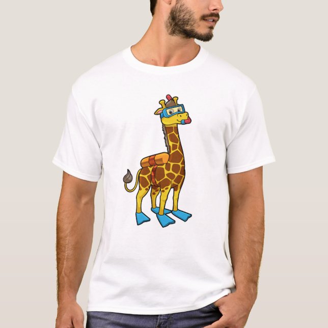Camiseta Girafa como mergulhador com óculos e nadadores (Frente)