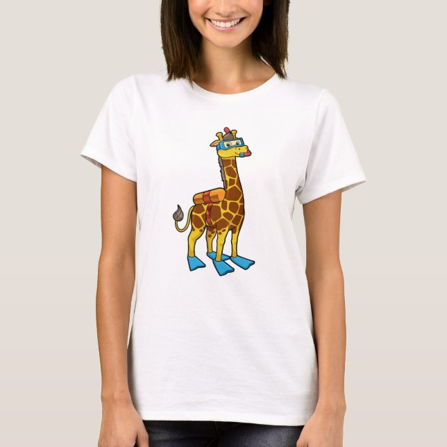 Camiseta Girafa como mergulhador com óculos e nadadores (Frente)