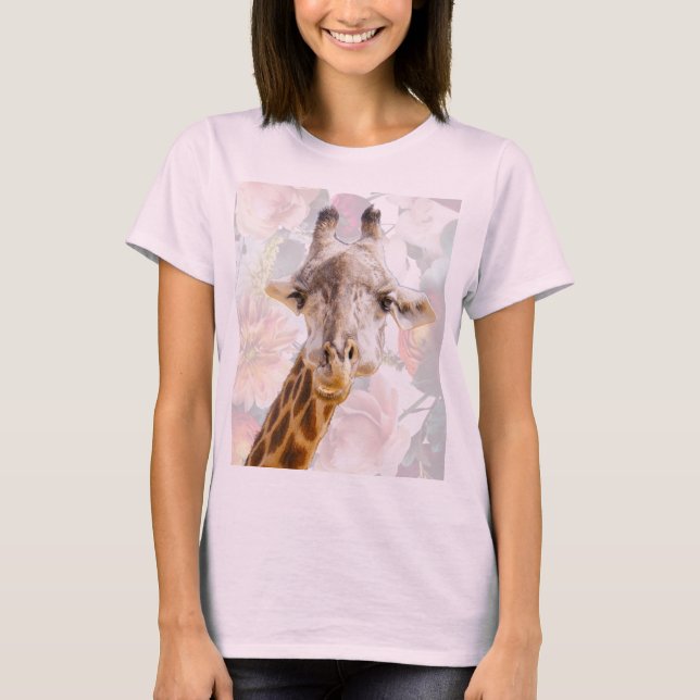 Camiseta Girafa e Flores Moderno Animal Engraçado Rosa (Frente)