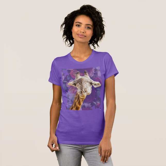 Camiseta Girafa e Flores Roxo Moderno Animal Divertido (Frente Completa)