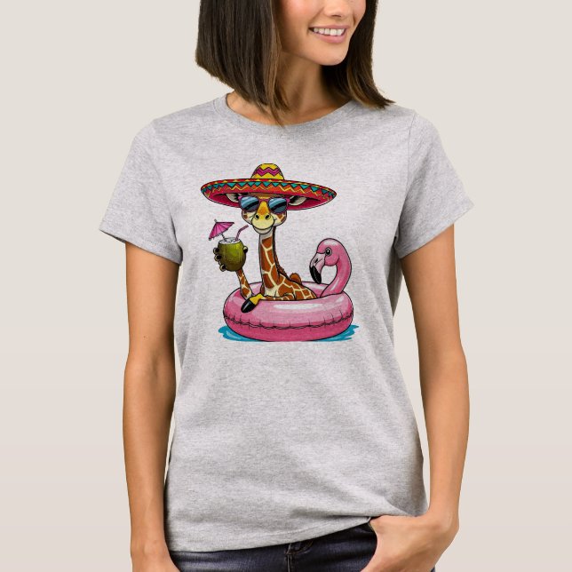 Camiseta Girafa Em Flutuador De Flamingo (Frente)