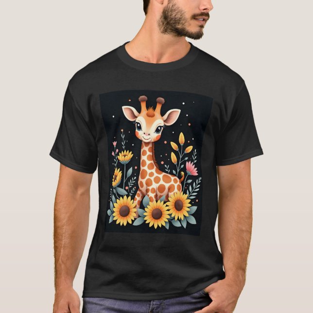 Camiseta Girafa Encantadora Rodeada de Flores Manga Longa (Frente)