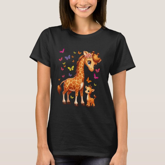 Camiseta girafa engraçada mãe e borboleta colorida (Frente)