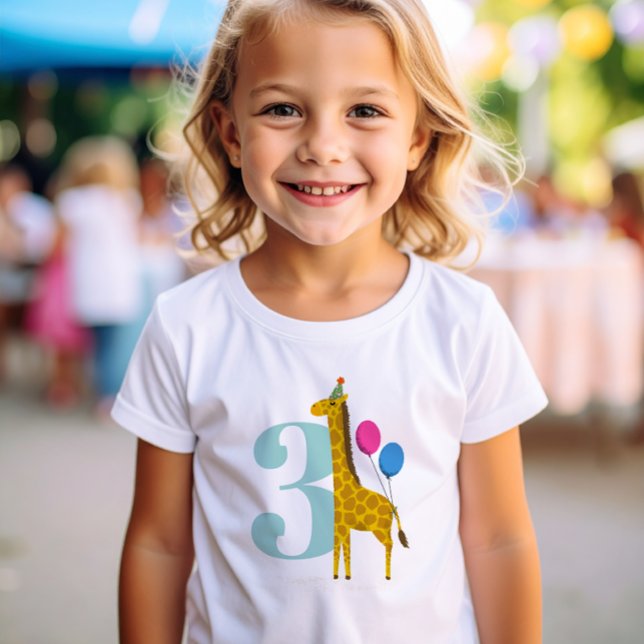 Camiseta Girafa Festa de aniversário de Ano Grande (Party Animals 3rd Birthday t-shirt with elephant wearing a party hat and holding colorful balloons)