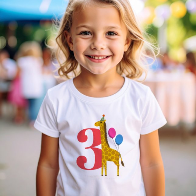 Camiseta Girafa Festa de aniversário Red 3 Grande Ano (Party Animals 3rd Birthday t-shirt with giraffe wearing a party hat and holding colorful balloons)