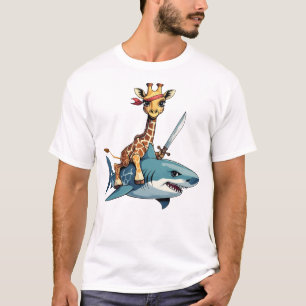 Camiseta Girafa Montando um Tubarão com uma Espada – Arte S