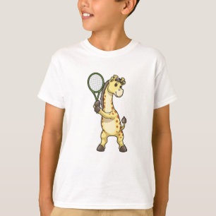 Camiseta Girafa no tênis com raquete de tênis