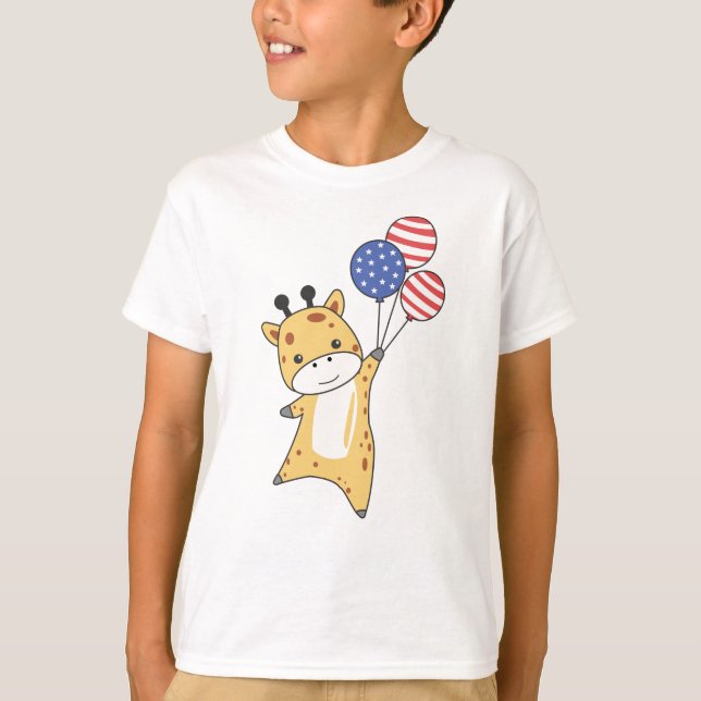 Camiseta Girafa Voa Balões Nos Eua Acima Do Zoo De Animais  (Frente)