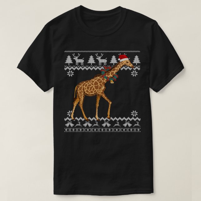 Camiseta Giraffe Árvore de Natal Luz Santa Hat Animal Xma (Frente do Design)
