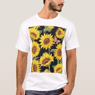Camiseta Girassóis, borboletas, mosaico preto